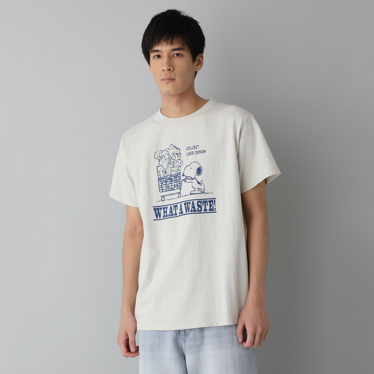 039】PEANUTSコラボ DENIM MIX RECYCLE Tシャツ｜ランドリーTシャツ